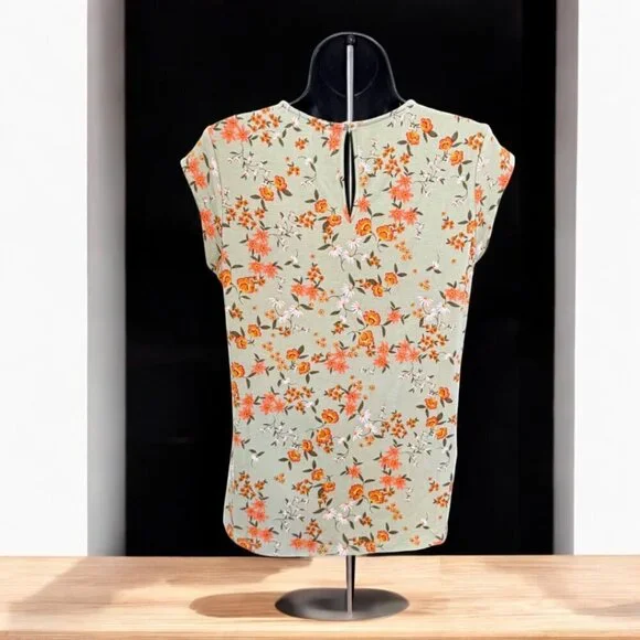 🆑Daniel Rain Green Blouse Orange Floral Size Small Petite - Picture 3 of 9
